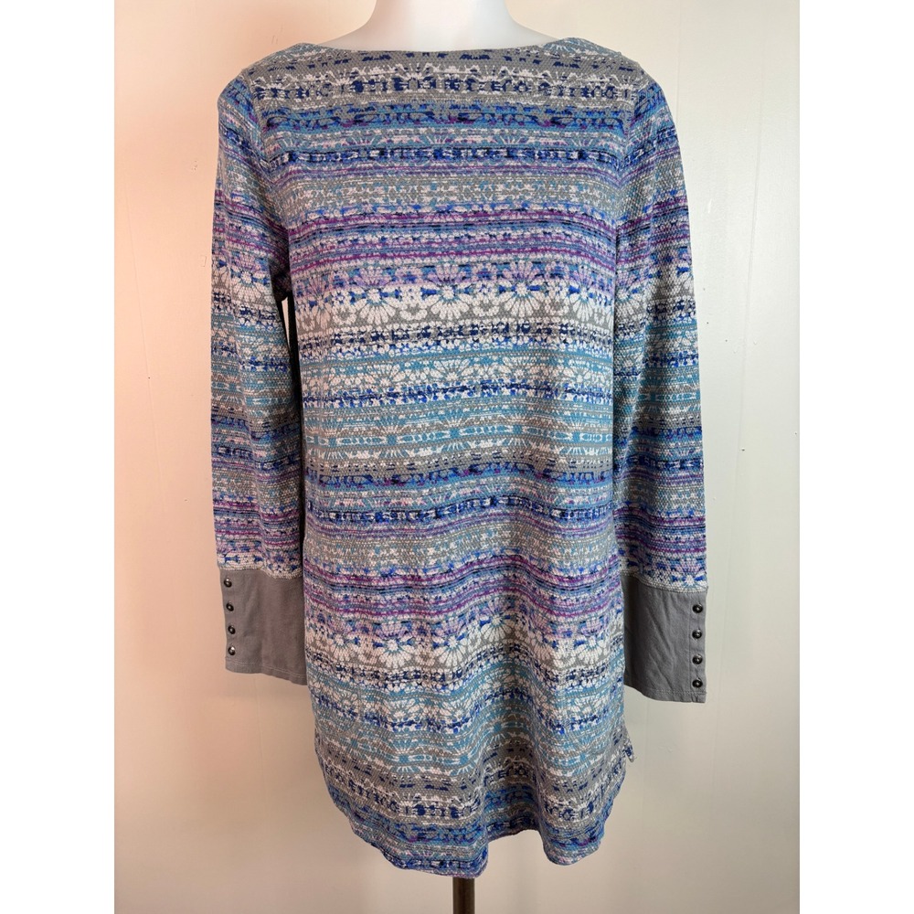 J. Jill Tunic Top Medium Blue Gray Button Cuff Waffle Knit Pockets Shirt Women
